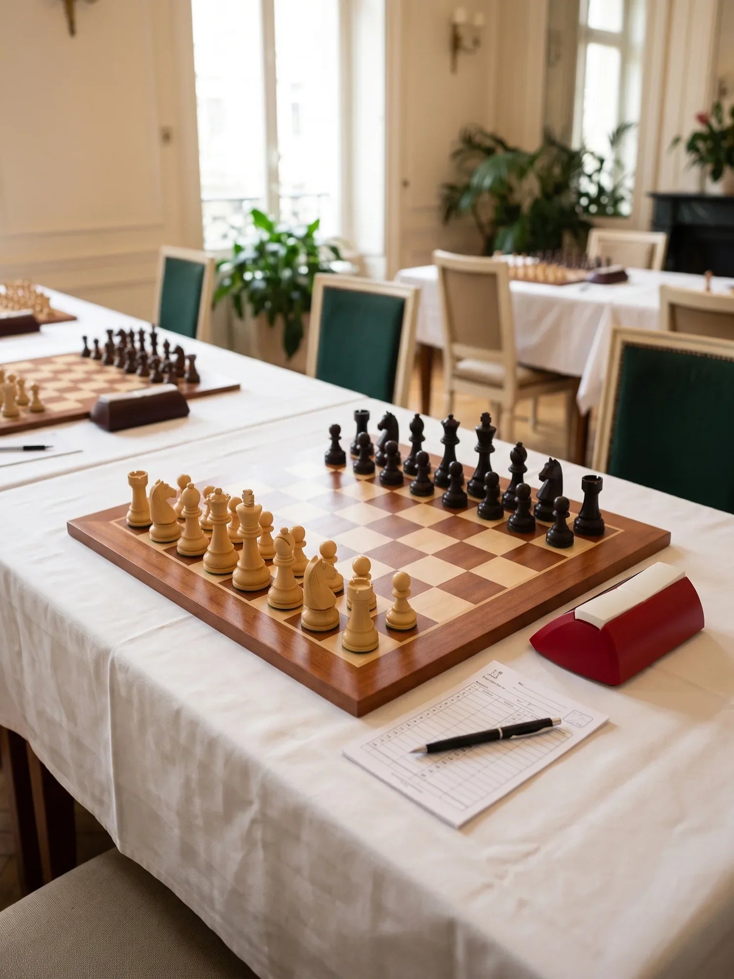 Échiquier de tournoi en acajou dans une salle de club, avec feuille de notation et stylo
