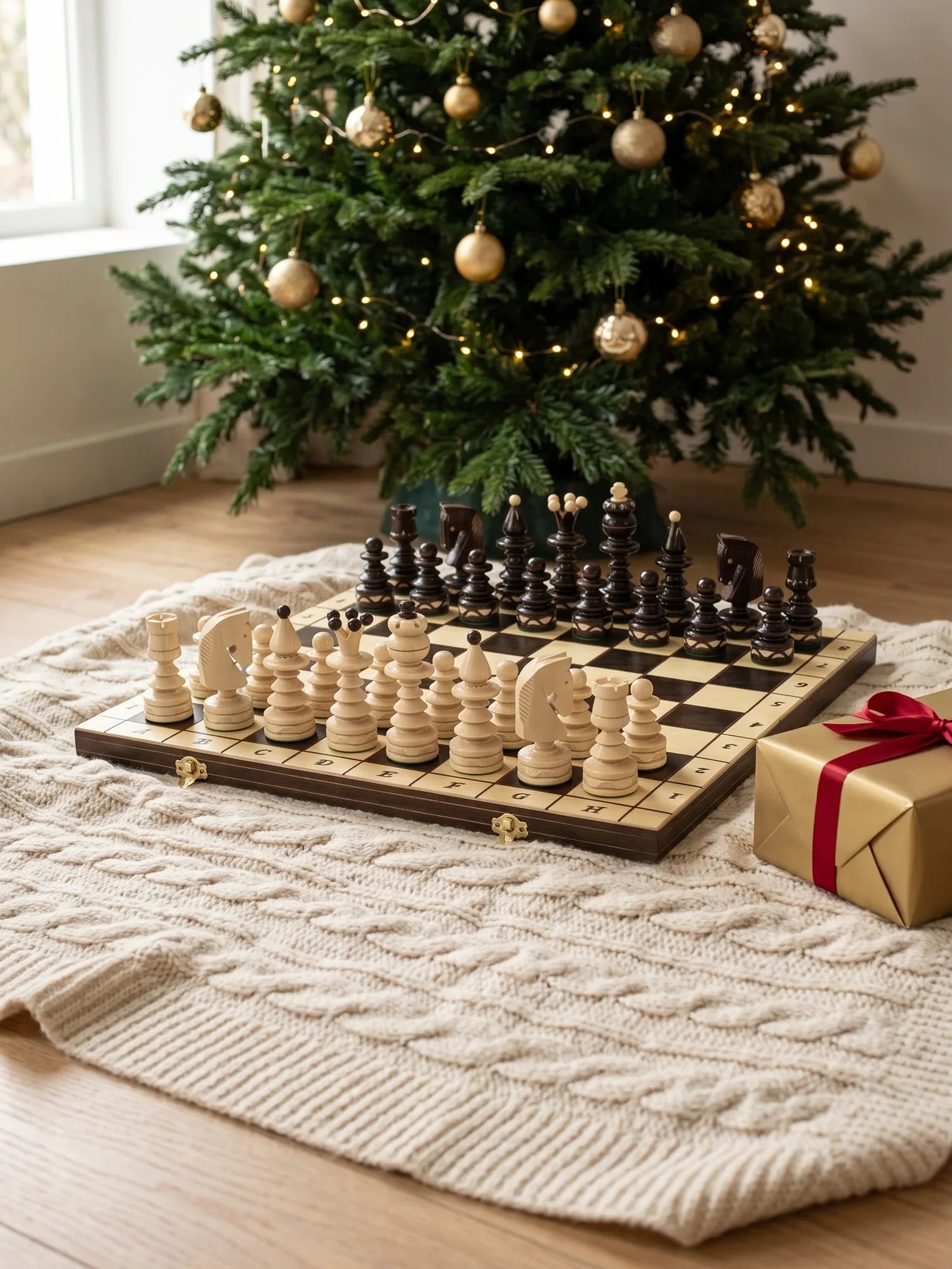 Échiquier en bois posé sur un plaid au pied d’un sapin de Noël, à côté d’un cadeau emballé