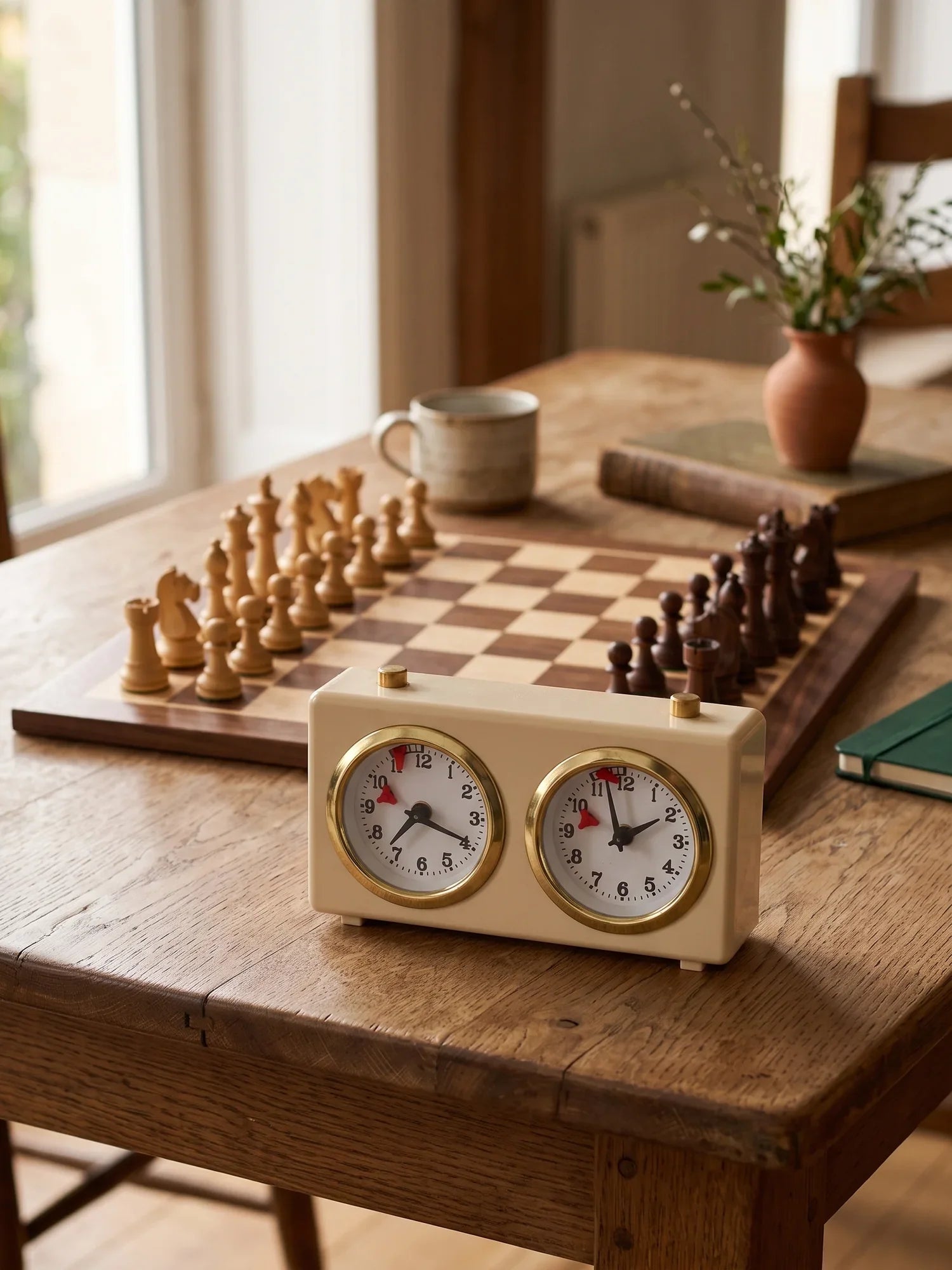 Pendule d’échecs analogique crème devant un échiquier en bois, pièces en place