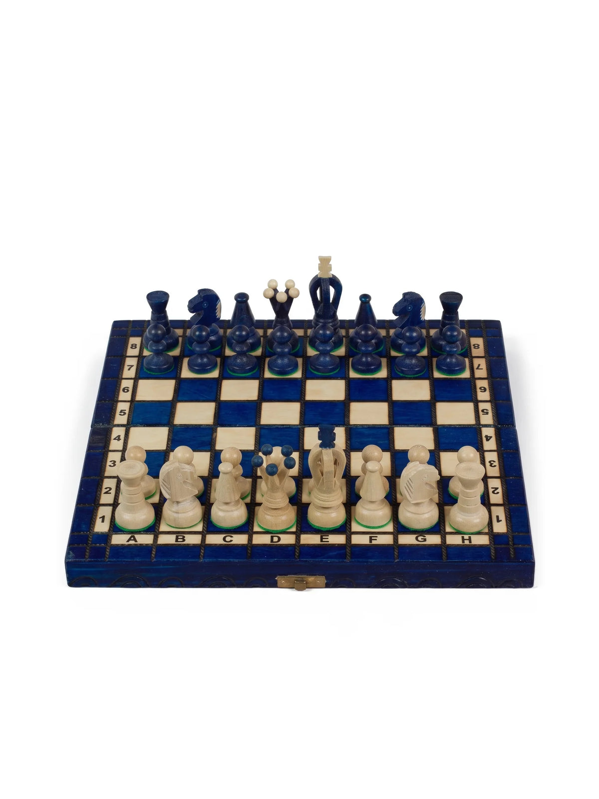 Échiquier pliant Couronne bleu, 30 cm, pièces de style royal en place, vue de face