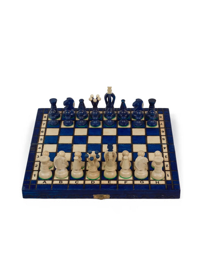 Échiquier pliant Couronne bleu, 30 cm, pièces de style royal en place, vue de face