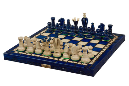 Échiquier pliant en bois de 30 cm, cases bleues, avec ses pièces de style royal en place