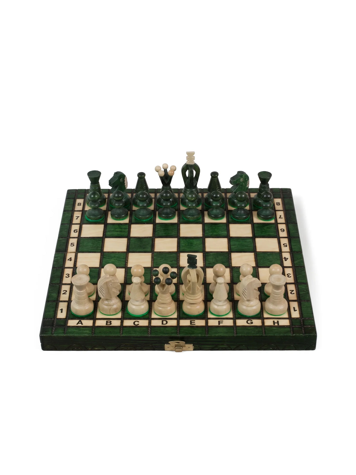 Échiquier pliant Couronne vert, 30 cm, pièces de style royal en place, vue de face
