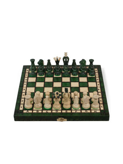 Échiquier pliant Couronne vert, 30 cm, pièces de style royal en place, vue de face