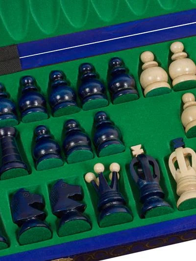 Échiquier pliant Roi – bleu, grand, les pièces rangées