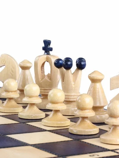 Échiquier pliant Roi – bleu, moyen, les pièces blanches