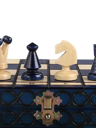 Échiquier pliant Roi – bleu, moyen, les pièces alignées