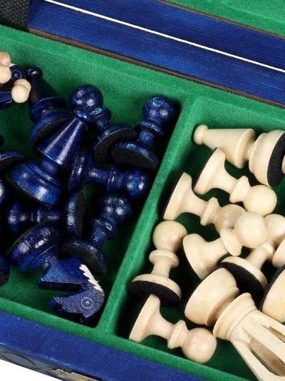 Échiquier pliant Roi – bleu, petit, les pièces rangées