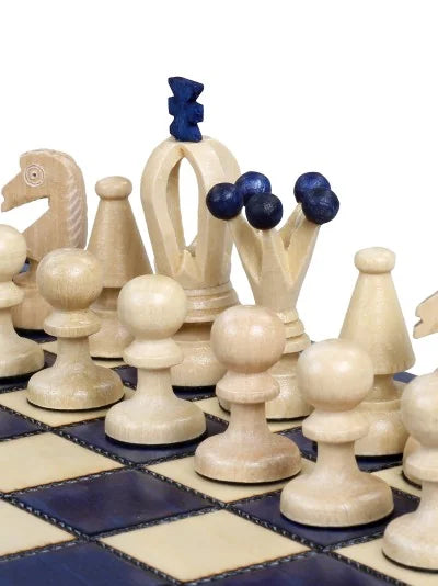 Échiquier pliant Roi – bleu, petit, les pièces blanches