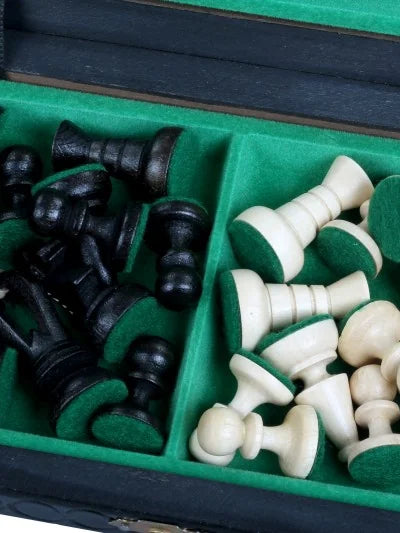 Échiquier pliant Roi – noir, petit, les pièces rangées dans leurs deux compartiments