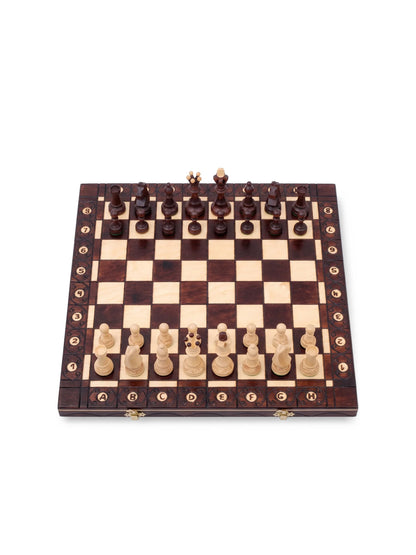 Échiquier pliant Sénateur marron, 42 cm, pièces en place, vue de face