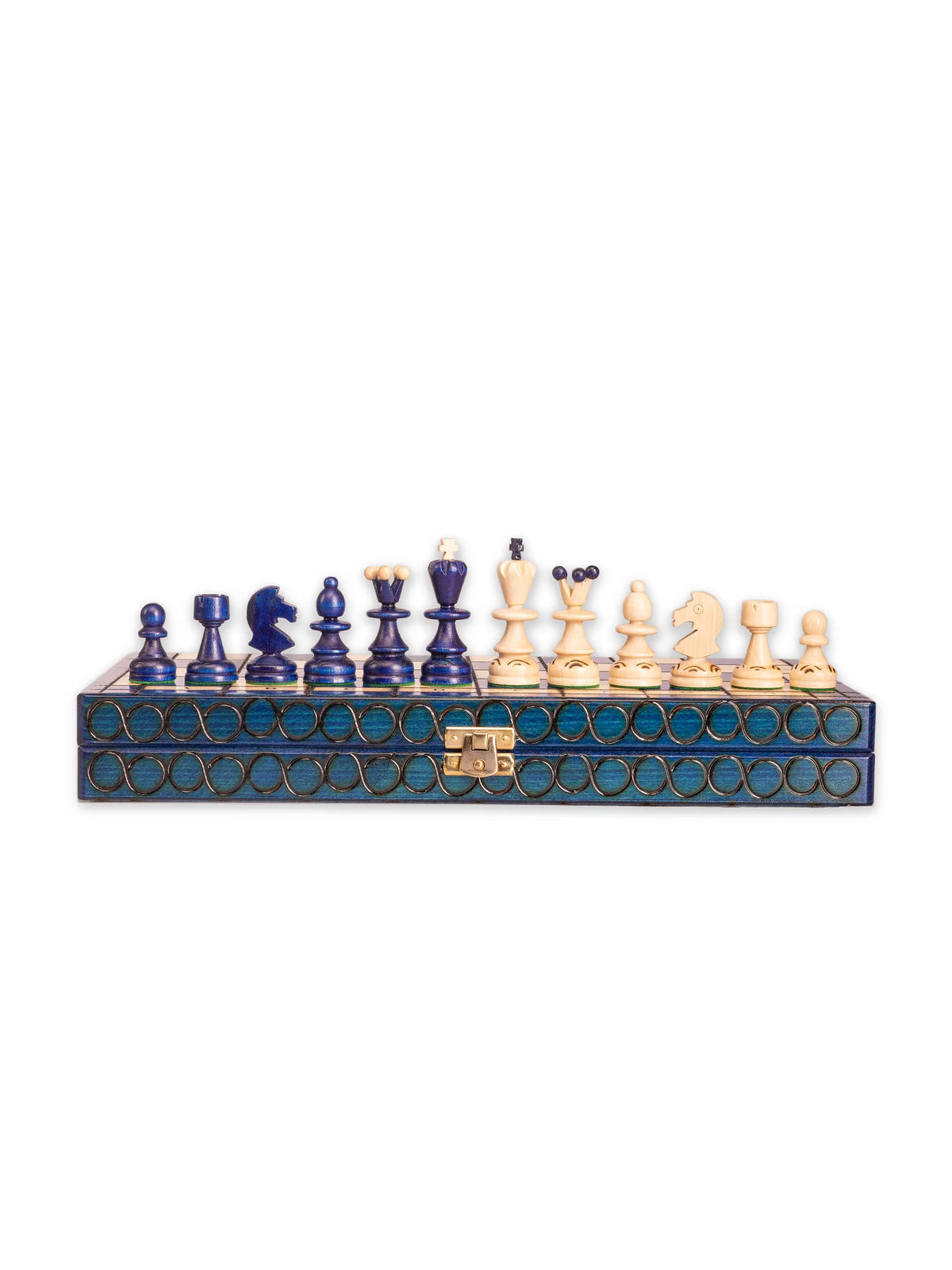 Échiquier de voyage Perle bleu – plateau fermé avec pièces