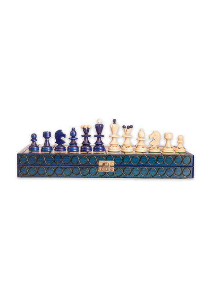 Échiquier de voyage Perle bleu – plateau fermé avec pièces