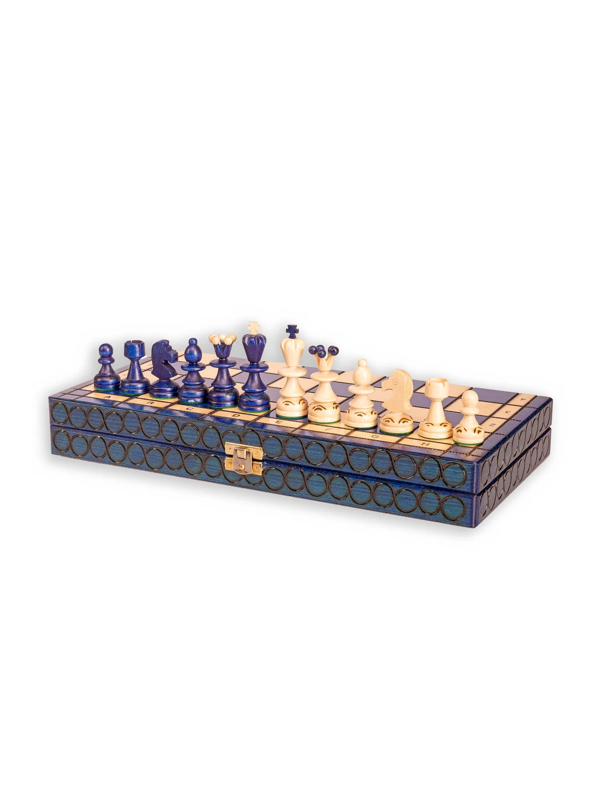 Échiquier de voyage Perle bleu – plateau fermé et pièces d’échecs, autre vue