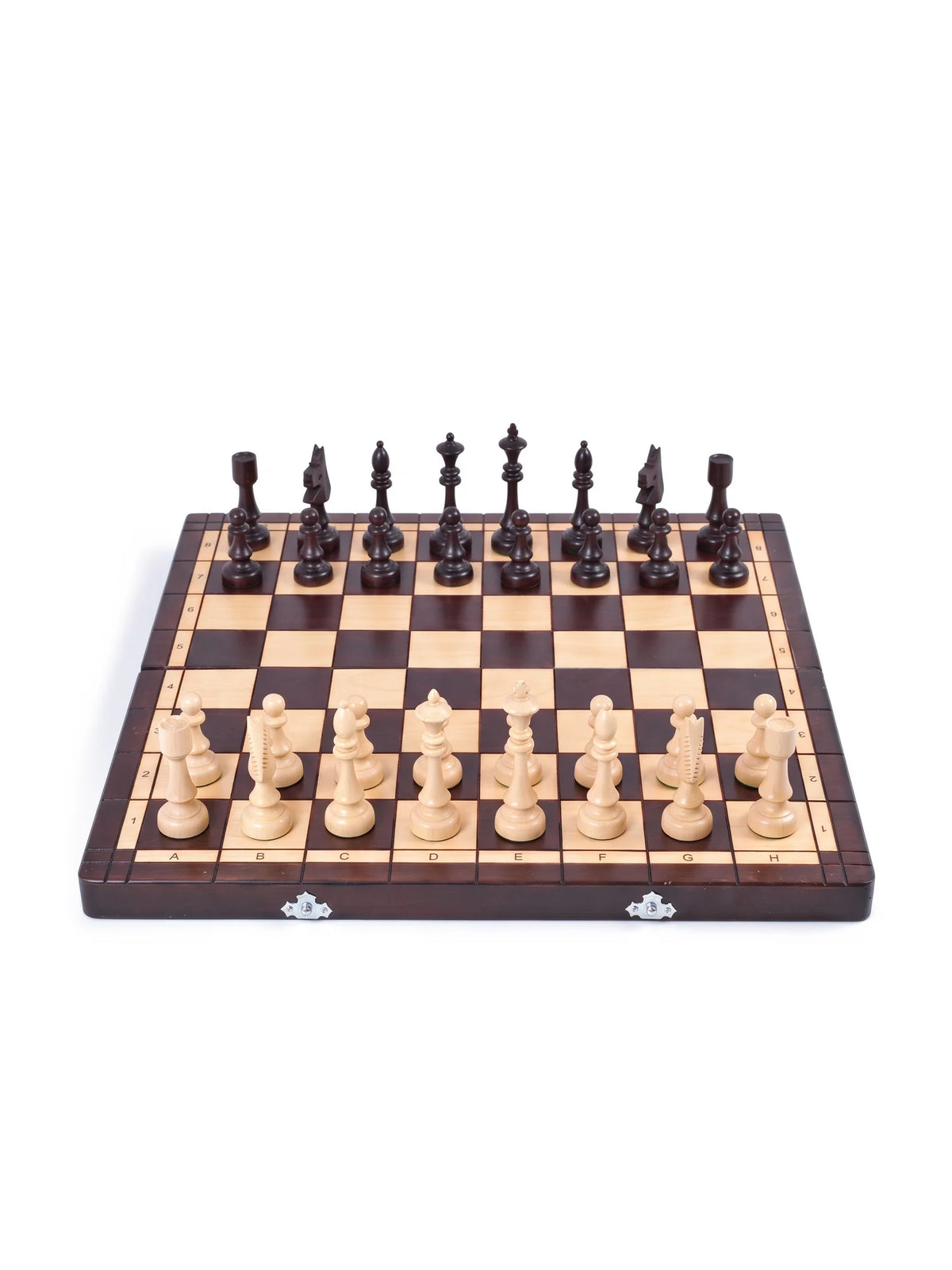 Jeu d’échecs Club : échiquier pliant en bois et ses pièces en place, vue de face