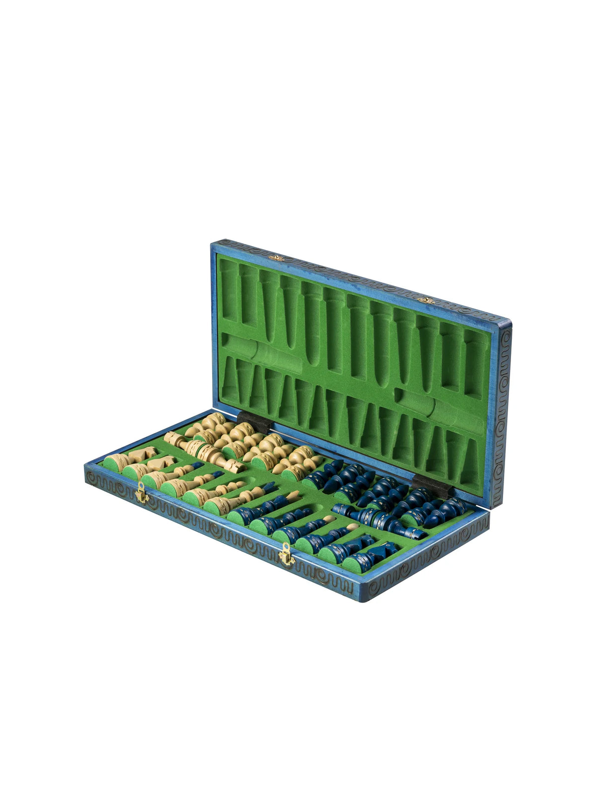 Jeu d’échecs indien Maharadjah bleu – coffret ouvert