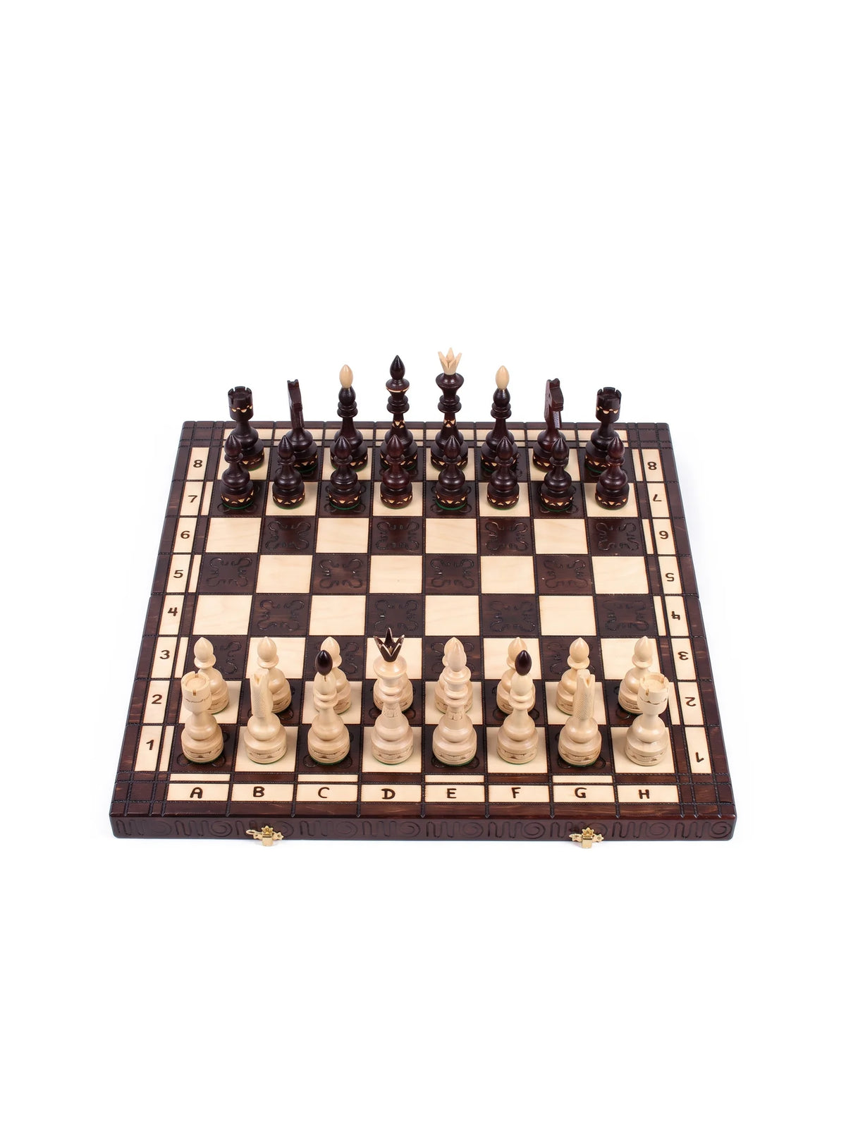 Jeu d’échecs indien Maharadjah marron – vue d’ensemble, pièces en place