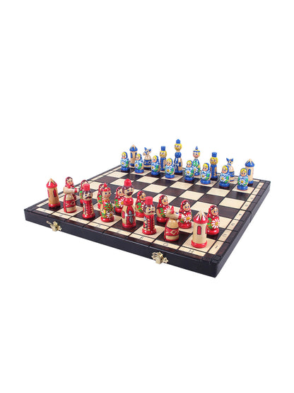 Jeu d’échecs Matriochka, coloris bleu et rouge : vue de face