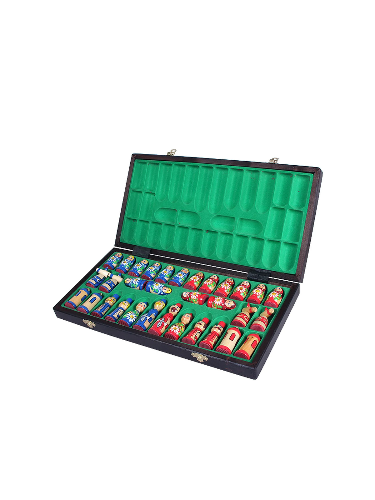 Jeu d’échecs Matriochka, coloris bleu et rouge : coffret ouvert, poupées bleues et rouges rangées