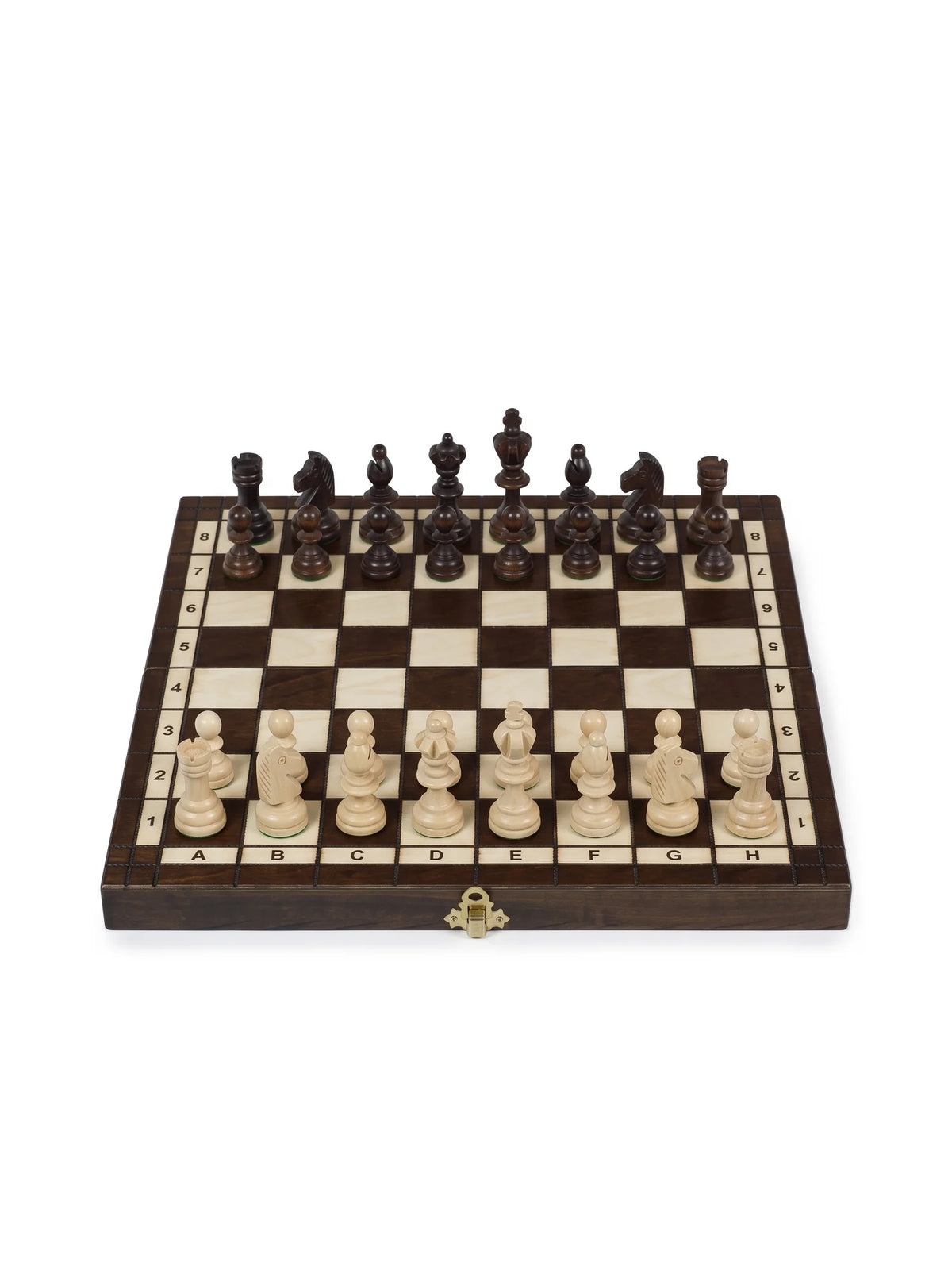 Jeu d’échecs Olympique Petit : échiquier pliant en bois foncé et ses pièces, vue de face