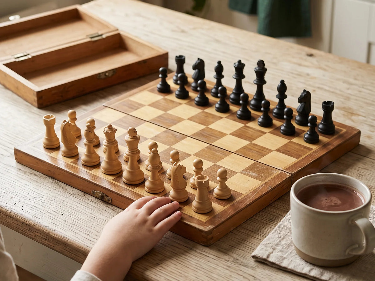 Main d’enfant posée sur un échiquier pliant en bois, pièces en position de départ, à côté d’une tasse de chocolat chaud
