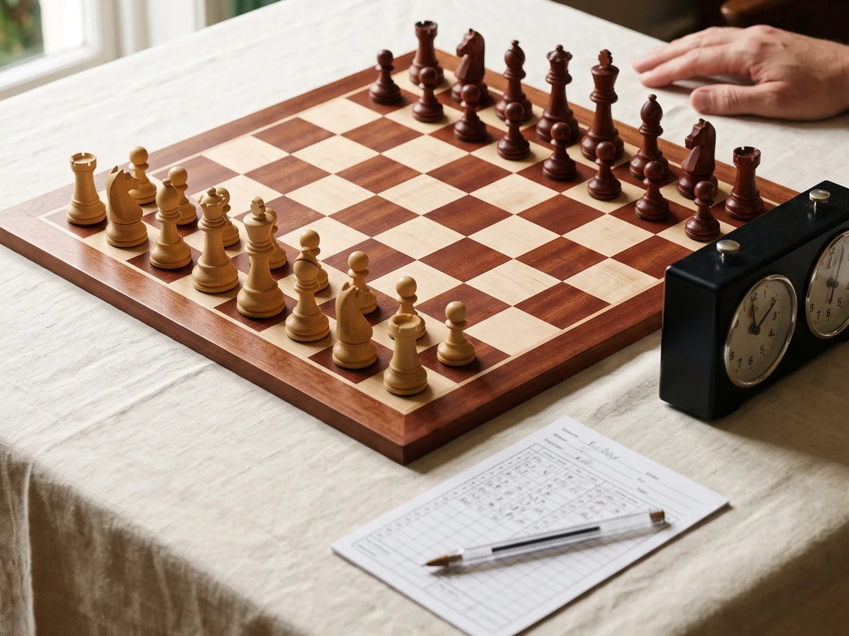 Échiquier de tournoi en acajou et érable, pièces Staunton en place, avec une pendule d’échecs et une feuille de notation