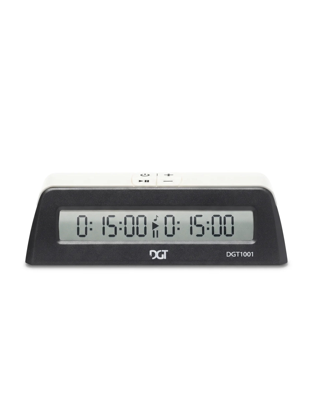 Pendule d’échecs électronique DGT 1001 noire, vue de face, écran affichant 15 minutes de chaque côté