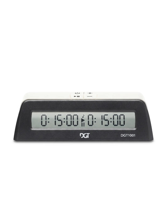 Pendule d’échecs électronique DGT 1001 noire, vue de face, écran affichant 15 minutes de chaque côté