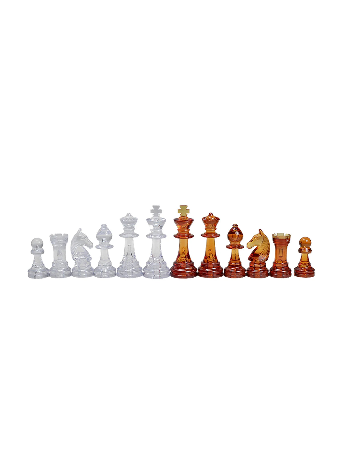 Pièces d’échecs Staunton en plastique couleur ambre – le jeu complet, ambre et transparent