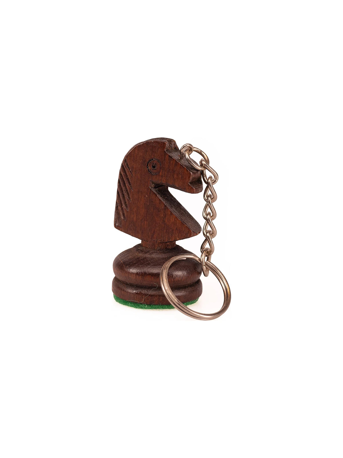 Porte-clés cavalier noir en bois, pièce d’échecs avec anneau et chaînette, sur fond blanc