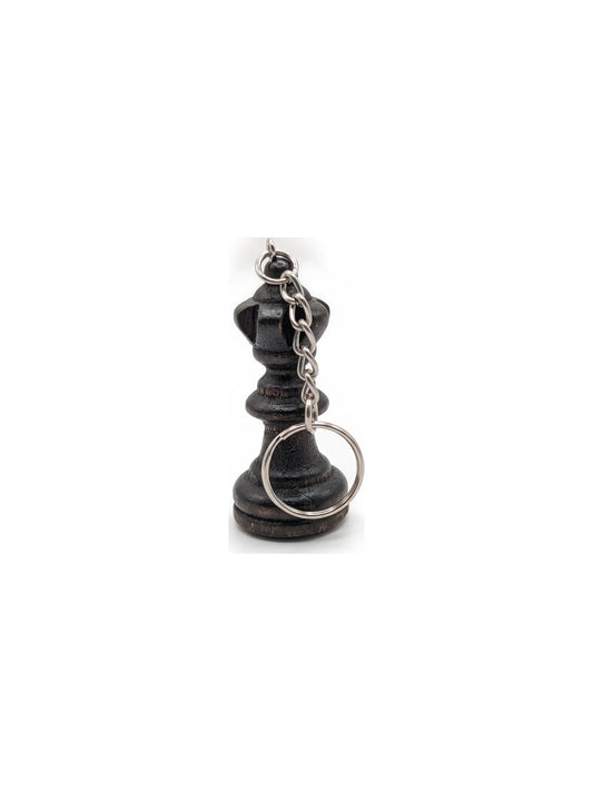 Porte-clés dame noire en bois, pièce d’échecs avec anneau et chaînette, sur fond blanc
