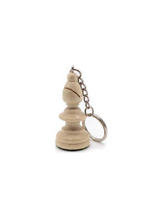 Porte-clés fou blanc en bois, pièce d’échecs avec anneau et chaînette, sur fond blanc