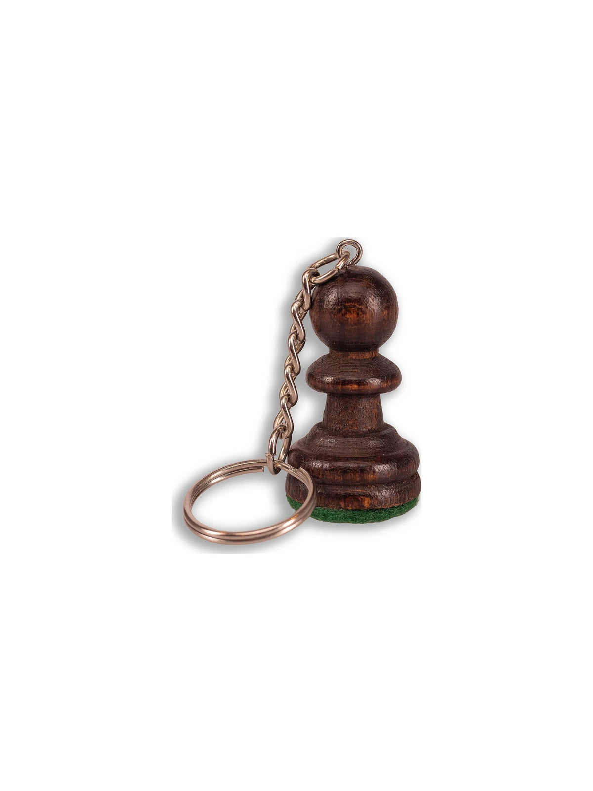 Porte-clés pion noir en bois, pièce d’échecs avec anneau et chaînette, sur fond blanc