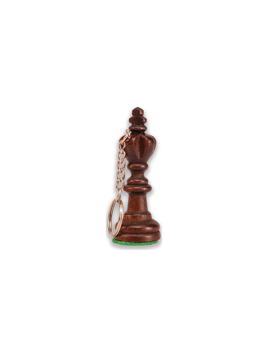 Porte-clés roi noir en bois, pièce d’échecs avec anneau et chaînette, sur fond blanc
