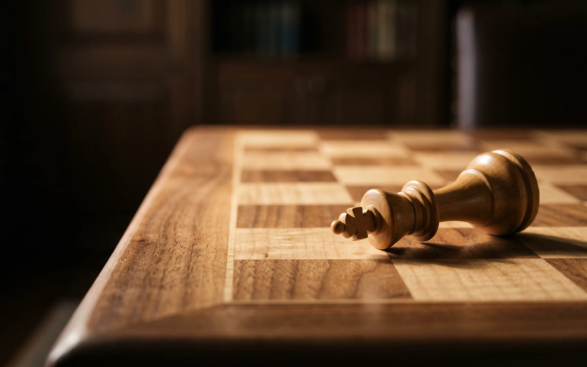 Roi d’échecs en bois couché sur un échiquier en bois, dans la pénombre d’une bibliothèque